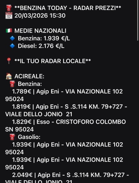 Screenshot del primissimo prototipo della newsletter Radar Benzina, con i prezzi di benzina e gasolio per Acireale